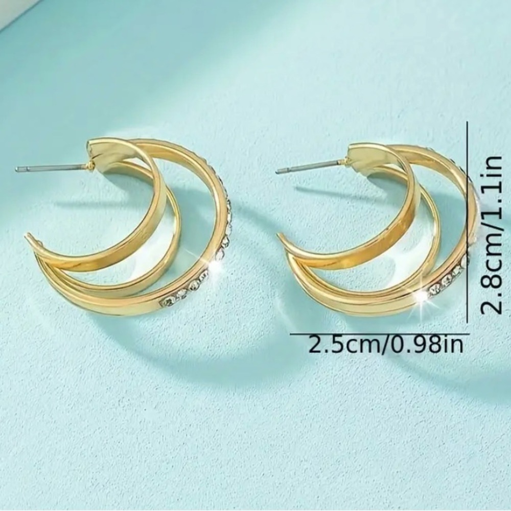 Gold And Rhinestone Triple Layered Hoop Earrings - Picture 2 of 4